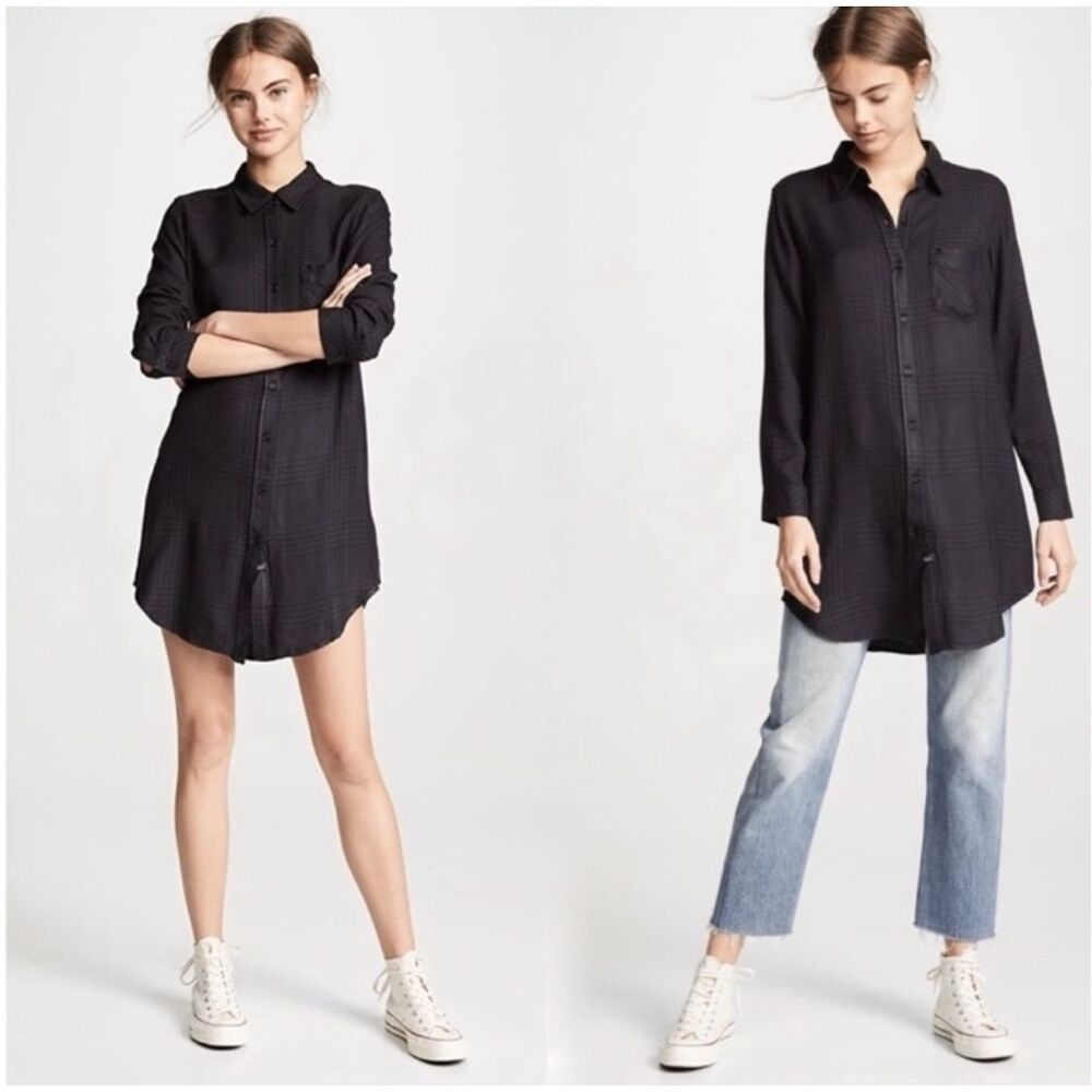 Rails Bianca Long Sleeve Tunic Dress Women’s M Charcoal Shadow Plaid Button Up